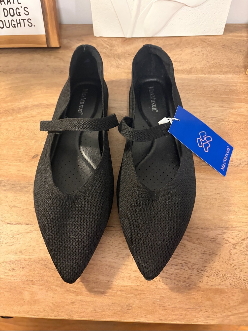 NWT MaxMuxun Black Knit Pointed Toe Mary Jane Flats Size 11